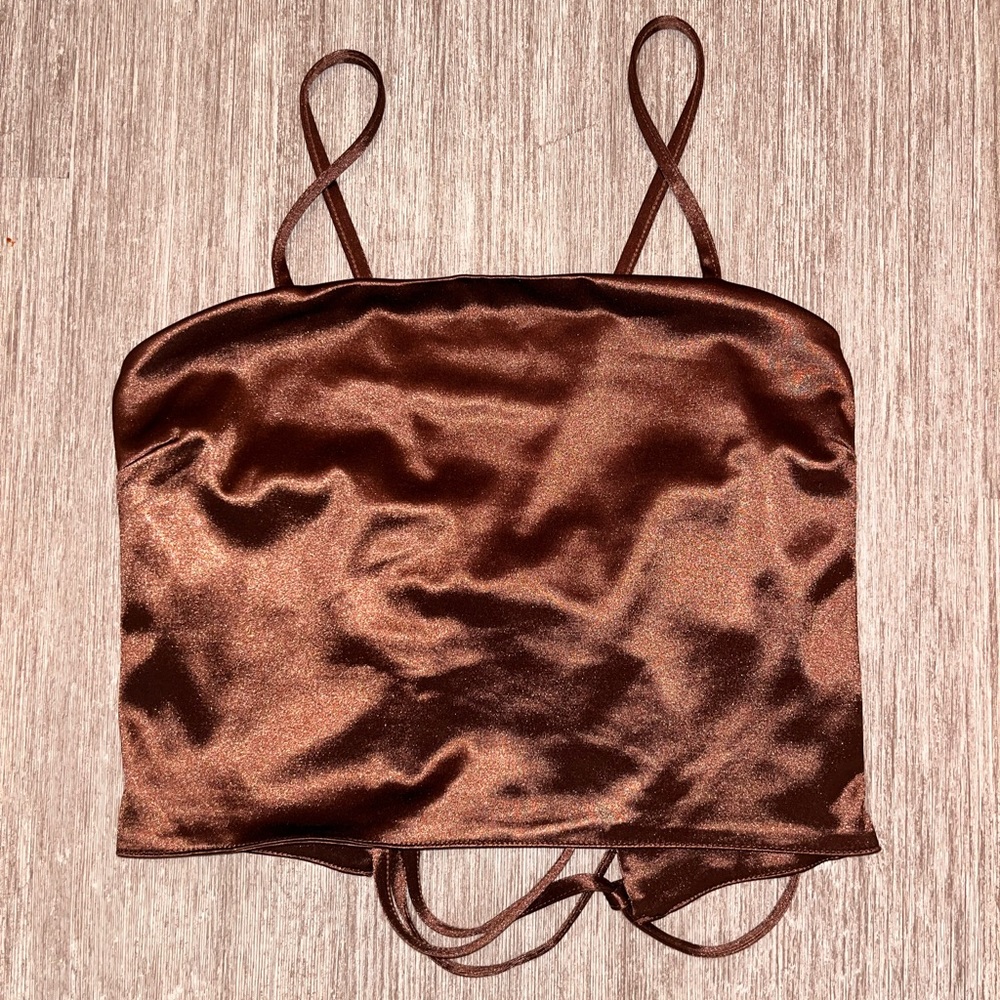 Brown satin top, ties in the back